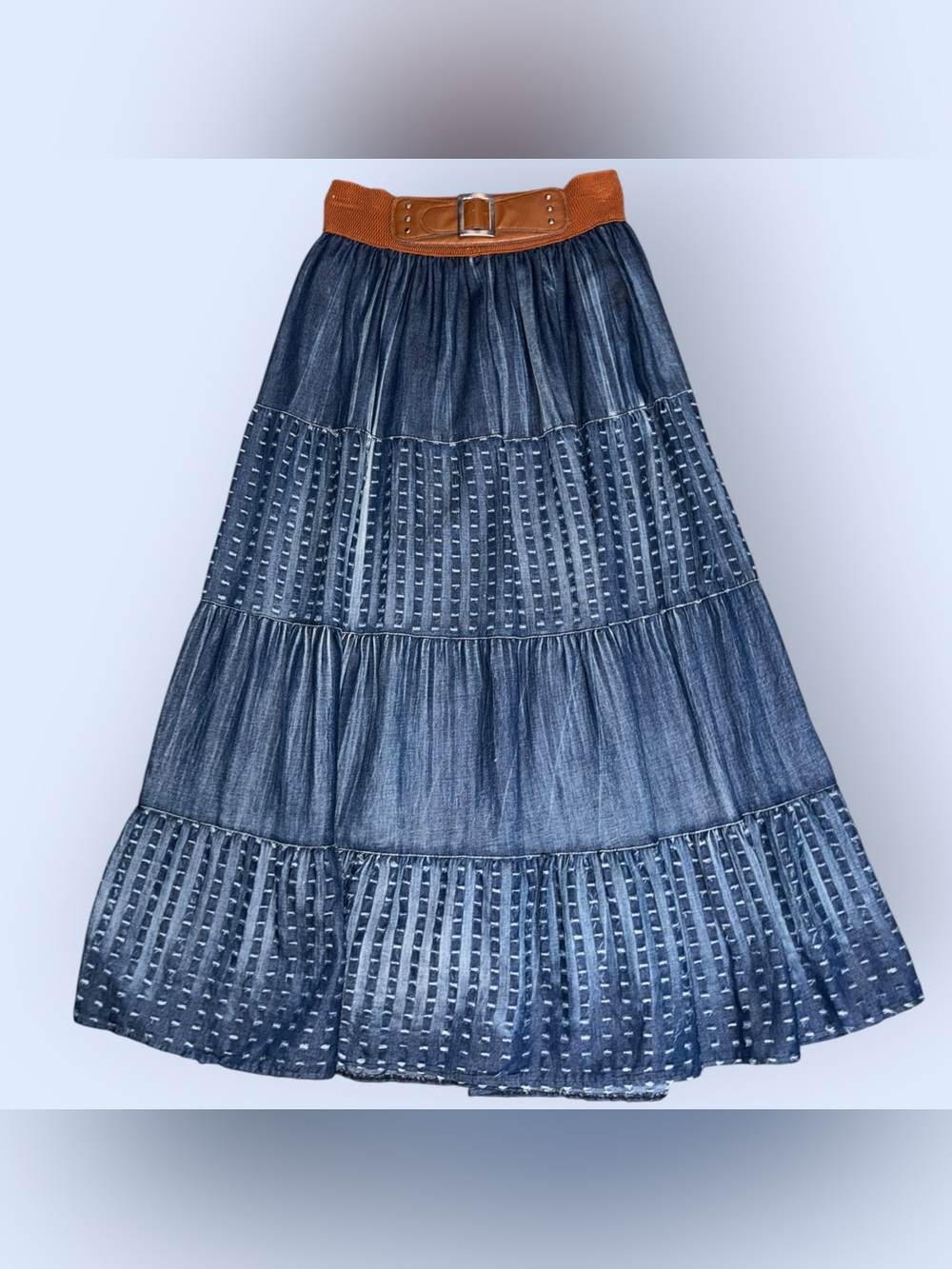 Magic Blue Denim A-Line Maxi Skirt with Brown Belt